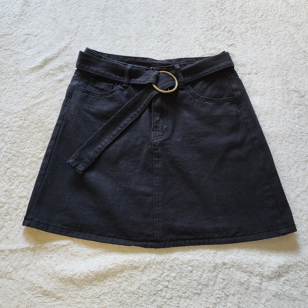 Black Belted Denim Skirt medium
